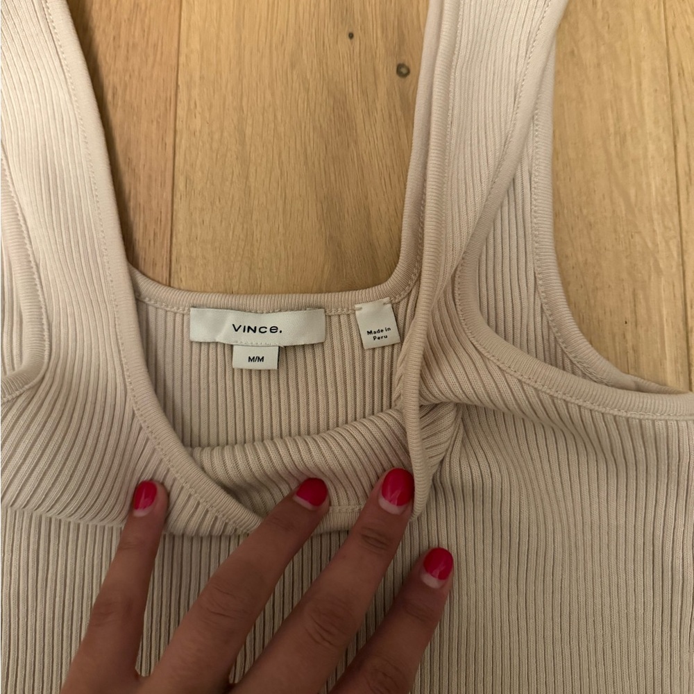 Vince Square Neck Ribbed Tank Top Cream Medium cotton elevated basics old money - Picture 3 of 5